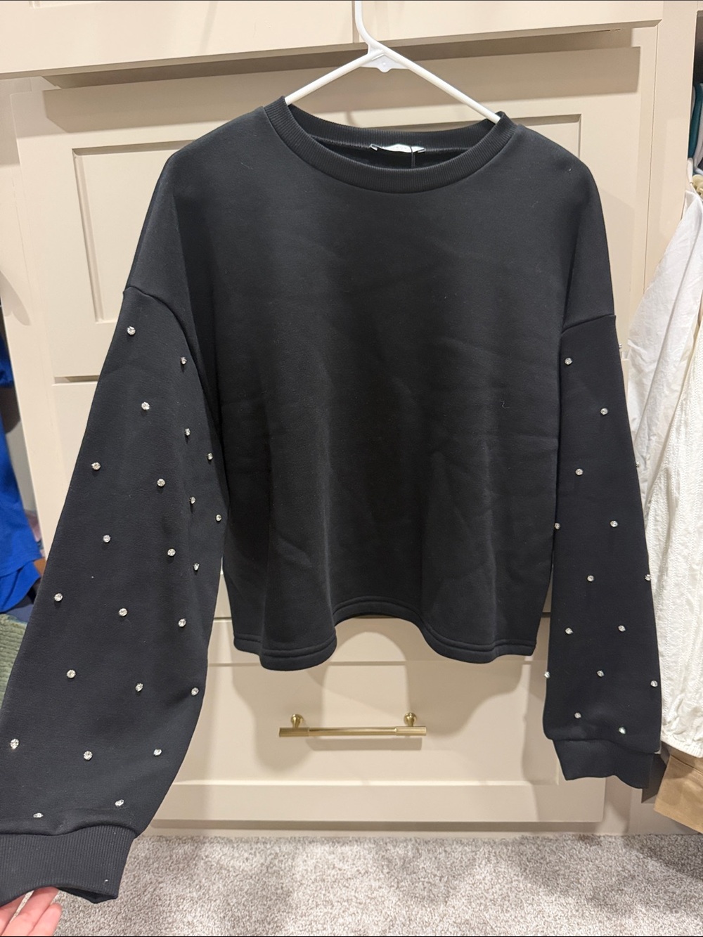 Zara Black Cropped Sweatshirt with Pearl Sleeve Embellishments